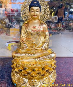 Tượng Phật Adida Cao 45cm Bằng Đồng Dát Vàng Vẽ Diện