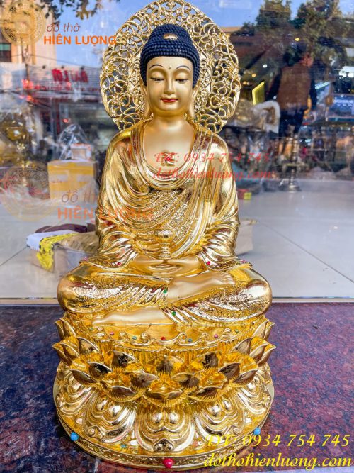 Tượng Phật Adida Cao 45cm Bằng Đồng Dát Vàng Vẽ Diện