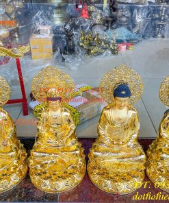 Bộ Tượng Phật Cao 45cm Bằng Đồng Dát Vàng Vẽ Diện
