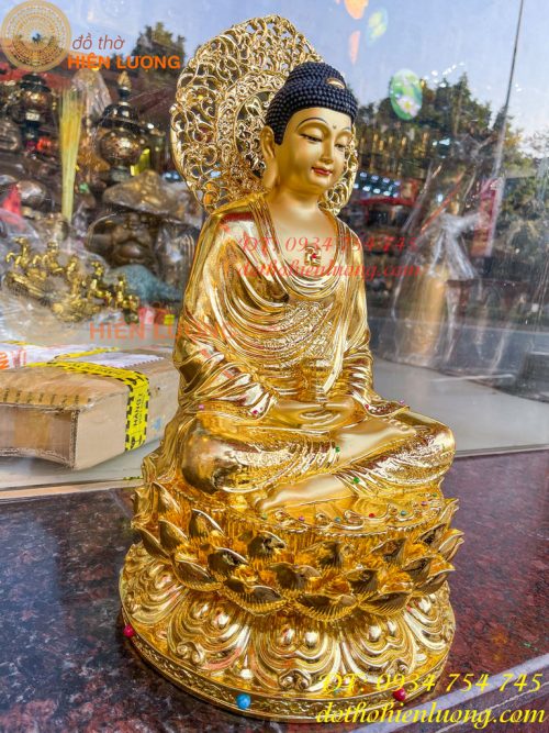 Tượng Phật Adida Cao 45cm Bằng Đồng Dát Vàng Vẽ Diện