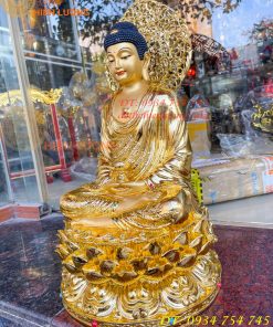 Tượng Phật Adida Cao 45cm Bằng Đồng Dát Vàng Vẽ Diện