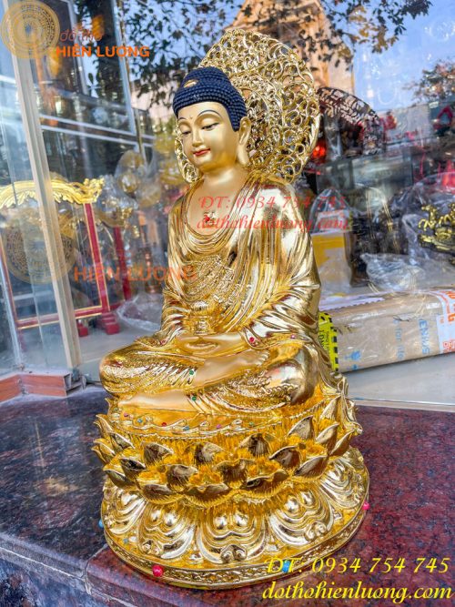 Tượng Phật Adida Cao 45cm Bằng Đồng Dát Vàng Vẽ Diện