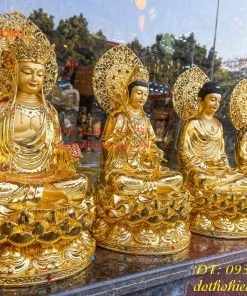 Bộ Tượng Phật Cao 45cm Bằng Đồng Dát Vàng Vẽ Diện