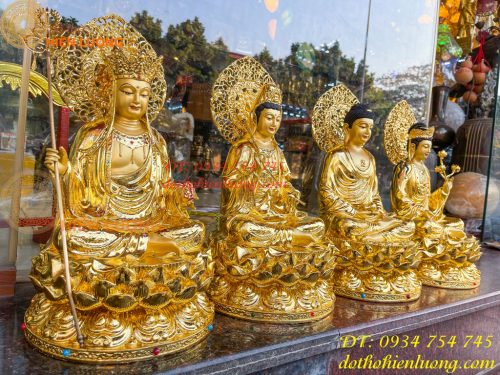 Bộ Tượng Phật Cao 45cm Bằng Đồng Dát Vàng Vẽ Diện