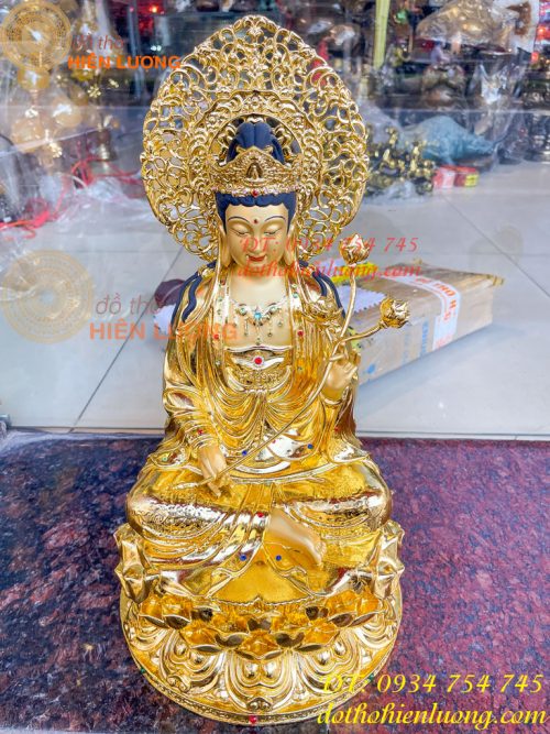 Tượng Bồ Tát Thế Chí Cao 45cm Bằng Đồng Dát Vàng Vẽ Diện