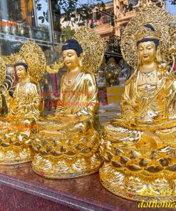 Bộ Tượng Phật Cao 45cm Bằng Đồng Dát Vàng Vẽ Diện