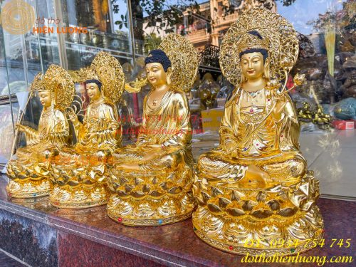 Bộ Tượng Phật Cao 45cm Bằng Đồng Dát Vàng Vẽ Diện