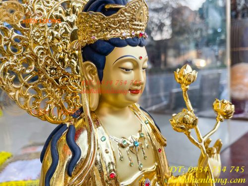 Tượng Bồ Tát Thế Chí Cao 45cm Bằng Đồng Dát Vàng Vẽ Diện