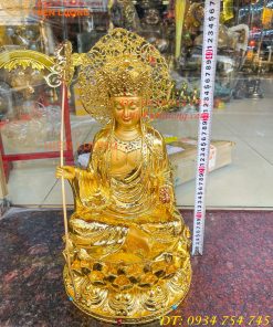 Tượng Địa Tạng Cao 45cm Bằng Đồng Dát Vàng Vẽ Diện