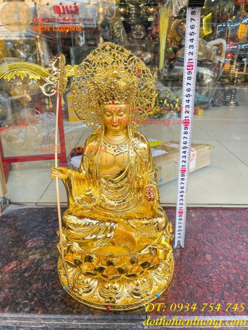 Tượng Địa Tạng Cao 45cm Bằng Đồng Dát Vàng Vẽ Diện