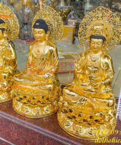 Bộ Tượng Tam Thánh Ngồi Cao 45cm Dát Vàng Vẽ Diện