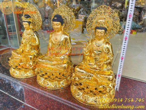Bộ Tượng Tam Thánh Ngồi Cao 45cm Dát Vàng Vẽ Diện