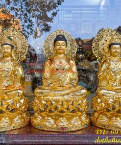 Bộ Tượng Tam Thánh Ngồi Cao 45cm Dát Vàng Vẽ Diện
