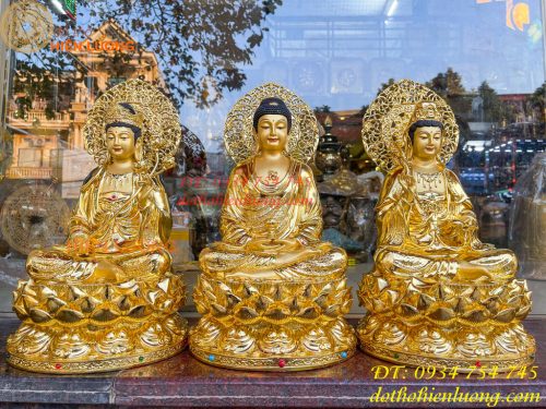 Bộ Tượng Tam Thánh Ngồi Cao 45cm Dát Vàng Vẽ Diện