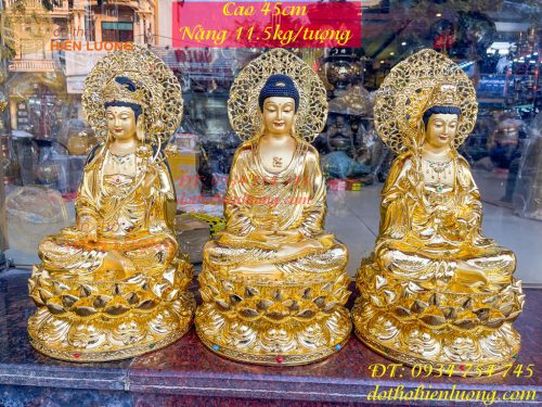 Bộ Tượng Tam Thánh Ngồi Cao 45cm Dát Vàng Vẽ Diện
