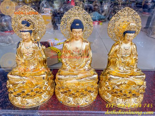 Bộ Tượng Tam Thánh Ngồi Cao 45cm Dát Vàng Vẽ Diện