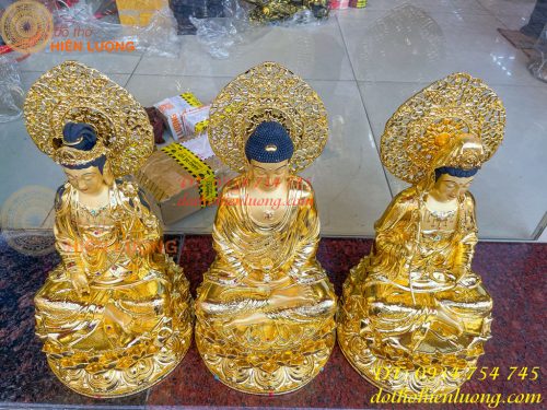 Bộ Tượng Tam Thánh Ngồi Cao 45cm Dát Vàng Vẽ Diện