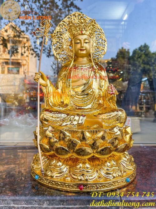 Tượng Địa Tạng Cao 45cm Bằng Đồng Dát Vàng Vẽ Diện
