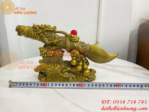 Biểu trưng bút thư pháp hoa văn rồng cuộn bằng đồng dài 30cm