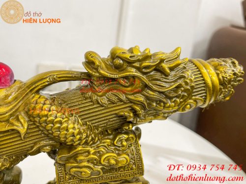Biểu trưng bút thư pháp hoa văn rồng cuộn bằng đồng dài 30cm