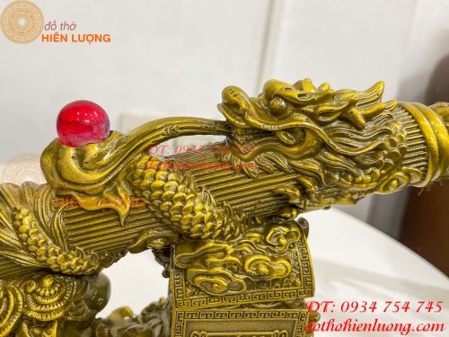 Biểu trưng bút thư pháp hoa văn rồng cuộn bằng đồng dài 30cm