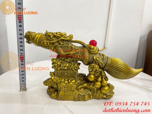 Biểu trưng bút thư pháp hoa văn rồng cuộn bằng đồng dài 30cm