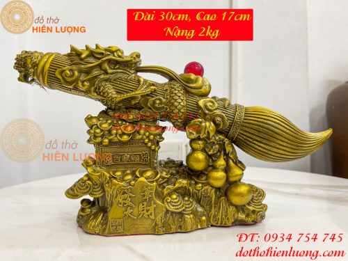 Biểu trưng bút thư pháp hoa văn rồng cuộn bằng đồng dài 30cm