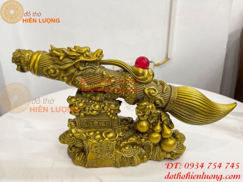 Biểu trưng bút thư pháp hoa văn rồng cuộn bằng đồng dài 30cm