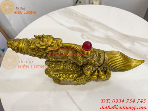 Biểu trưng bút thư pháp hoa văn rồng cuộn bằng đồng dài 30cm