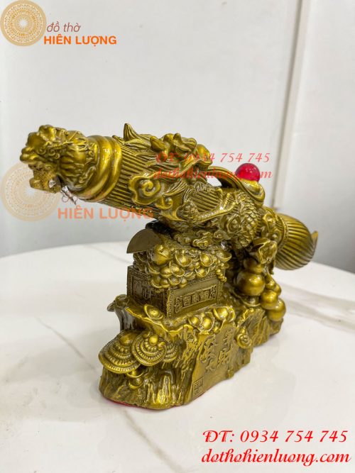 Biểu trưng bút thư pháp hoa văn rồng cuộn bằng đồng dài 30cm