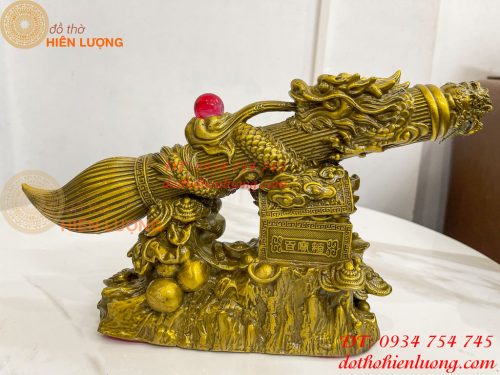 Biểu trưng bút thư pháp hoa văn rồng cuộn bằng đồng dài 30cm