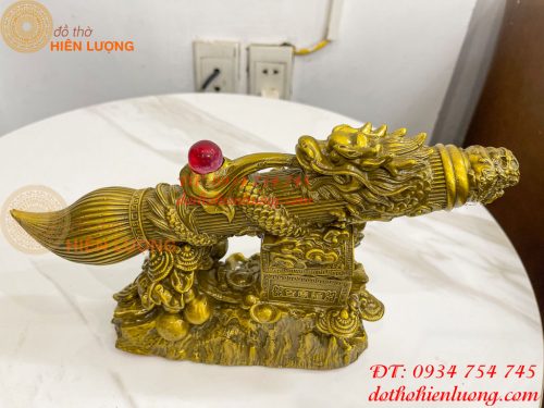 Biểu trưng bút thư pháp hoa văn rồng cuộn bằng đồng dài 30cm
