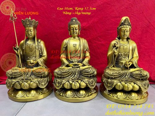 Bộ Sa Bà Tam Thánh Phật Cao 30cm Bằng Đồng Vàng