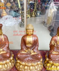 Bộ tượng phật ta bà tam thánh bằng đồng áo nâu cao 30cm, nặng 7,5kg