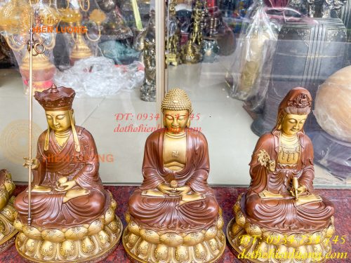 Bộ tượng phật ta bà tam thánh bằng đồng áo nâu cao 30cm, nặng 7,5kg