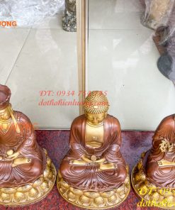 Bộ tượng phật ta bà tam thánh bằng đồng áo nâu cao 30cm, nặng 7,5kg