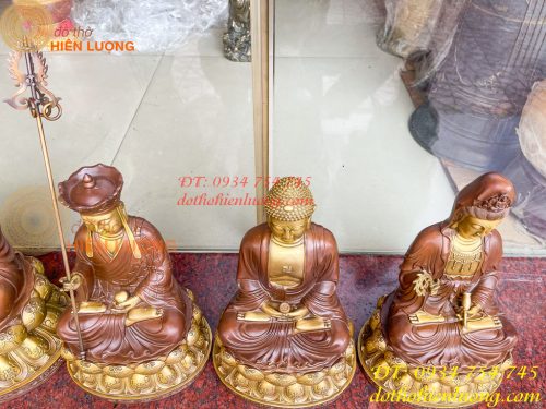 Bộ tượng phật ta bà tam thánh bằng đồng áo nâu cao 30cm, nặng 7,5kg