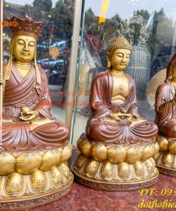 Bộ tượng phật ta bà tam thánh bằng đồng áo nâu cao 30cm, nặng 7,5kg