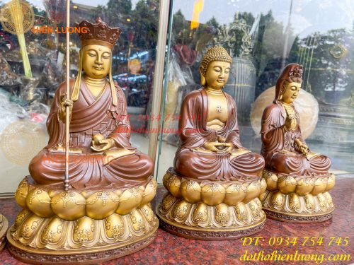 Bộ tượng phật ta bà tam thánh bằng đồng áo nâu cao 30cm, nặng 7,5kg