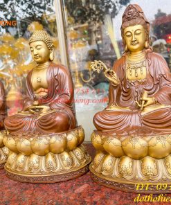 Bộ tượng phật ta bà tam thánh bằng đồng áo nâu cao 30cm, nặng 7,5kg