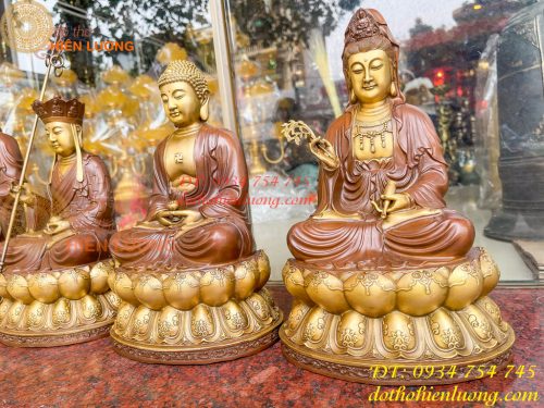 Bộ tượng phật ta bà tam thánh bằng đồng áo nâu cao 30cm, nặng 7,5kg