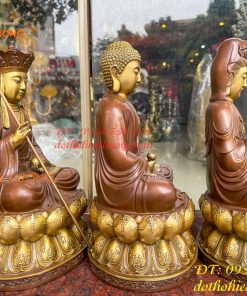 Bộ tượng phật ta bà tam thánh bằng đồng áo nâu cao 30cm, nặng 7,5kg
