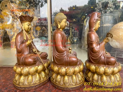 Bộ tượng phật ta bà tam thánh bằng đồng áo nâu cao 30cm, nặng 7,5kg