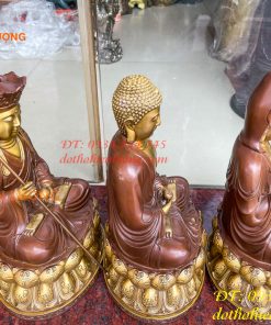 Bộ tượng phật ta bà tam thánh bằng đồng áo nâu cao 30cm, nặng 7,5kg