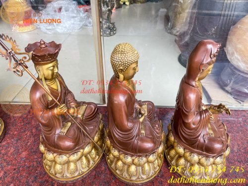 Bộ tượng phật ta bà tam thánh bằng đồng áo nâu cao 30cm, nặng 7,5kg