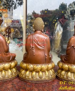 Bộ tượng phật ta bà tam thánh bằng đồng áo nâu cao 30cm, nặng 7,5kg