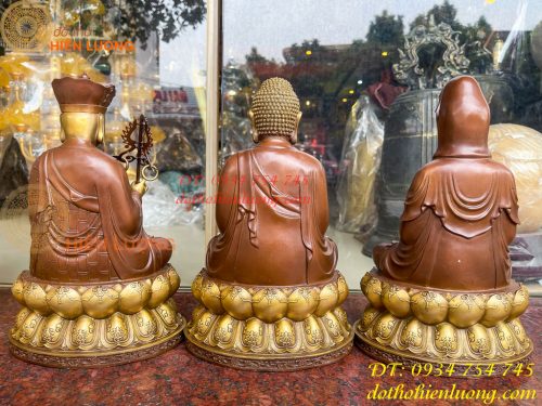 Bộ tượng phật ta bà tam thánh bằng đồng áo nâu cao 30cm, nặng 7,5kg