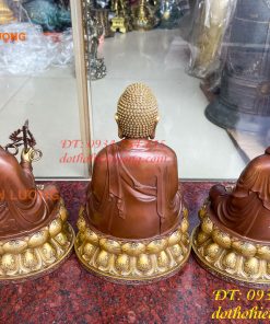 Bộ tượng phật ta bà tam thánh bằng đồng áo nâu cao 30cm, nặng 7,5kg