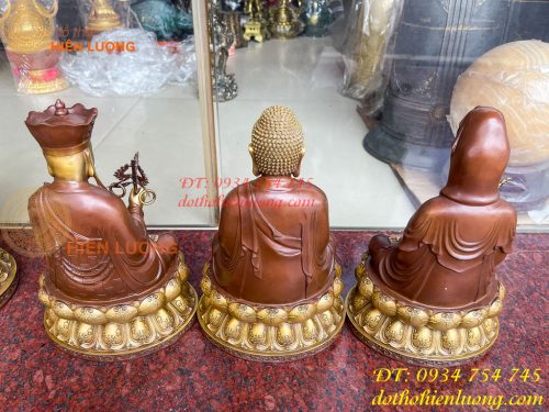 Bộ tượng phật ta bà tam thánh bằng đồng áo nâu cao 30cm, nặng 7,5kg
