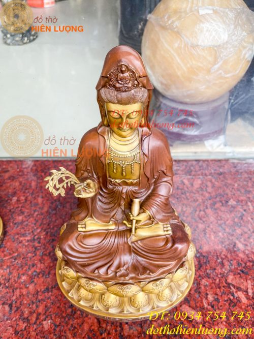 Bộ tượng phật ta bà tam thánh bằng đồng áo nâu cao 30cm, nặng 7,5kg